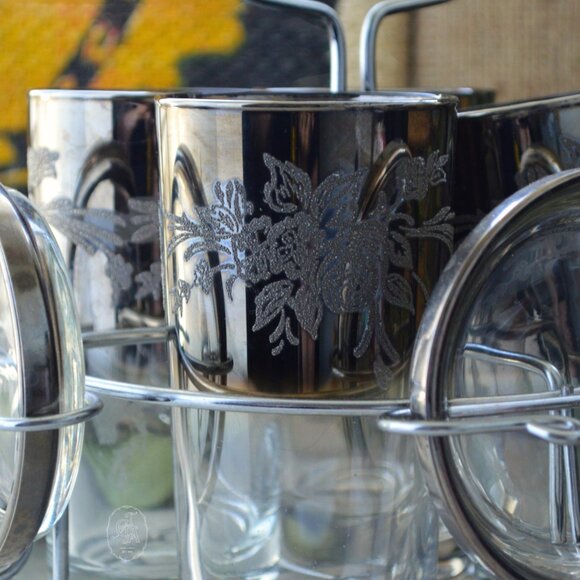 MCM Dorothy Thorpe "Silver Rose Fade" Highball Glass Caddy Set with Coasters - Picture 3 of 4
